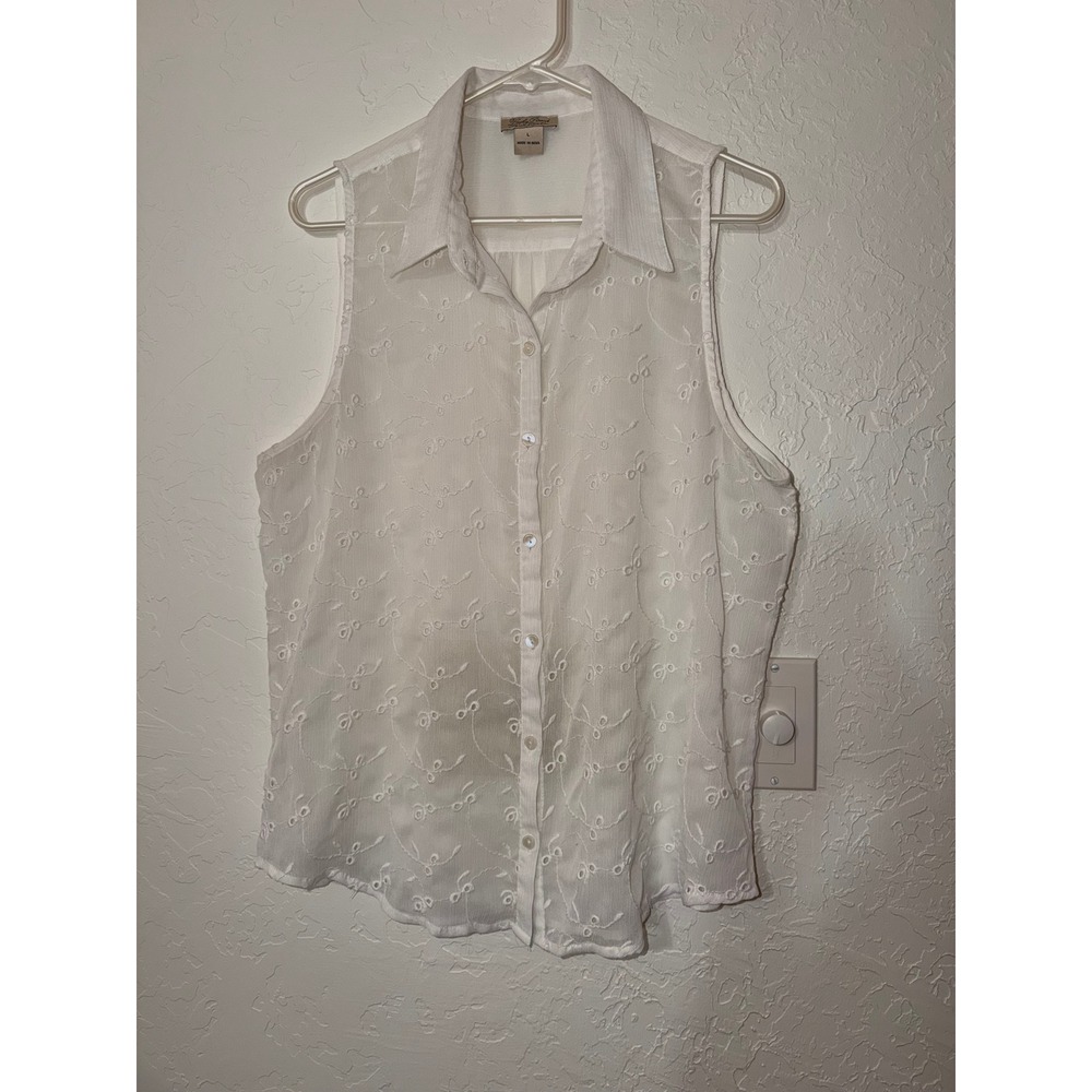 Lucky Brand Sheer Blouse Embroidered White Sleeveless Button Down Large